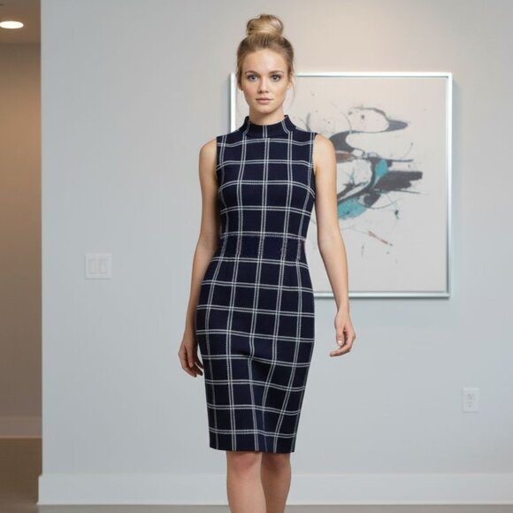 Ann Taylor Petite Mock Neck Sweater Windowpane Sweater Dress - Picture 1 of 8